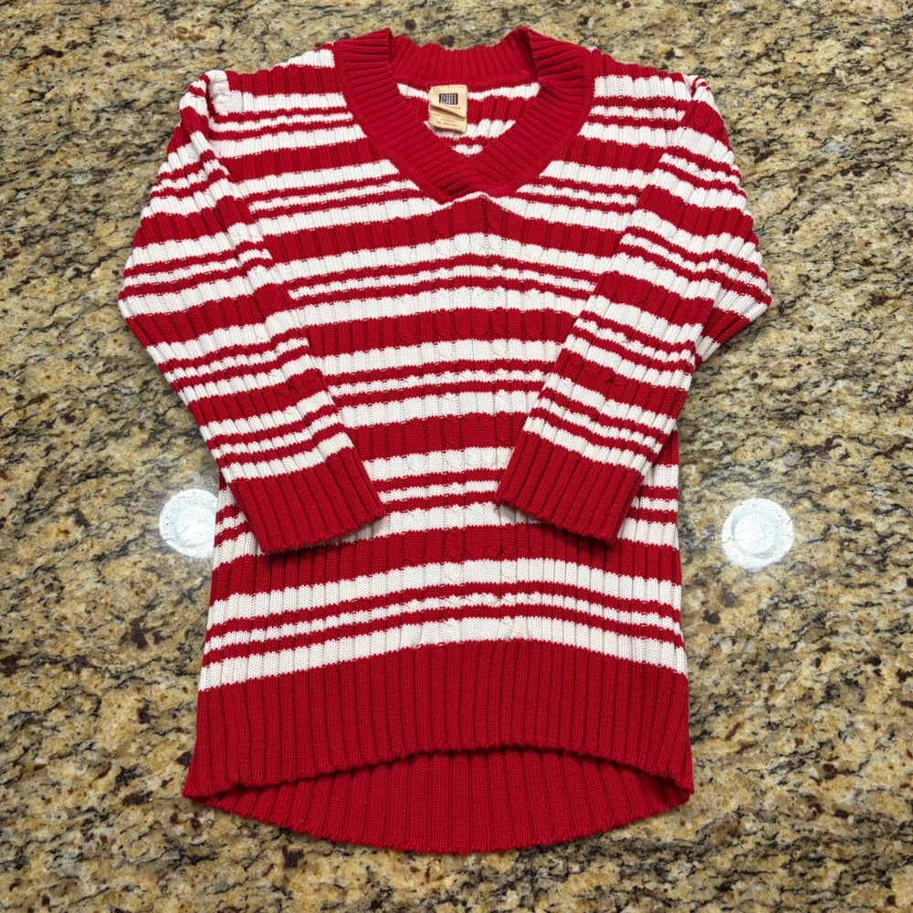 Vintage Faded Glory Red White Striped Cable Knit V-Neck Sweater Womens XL v